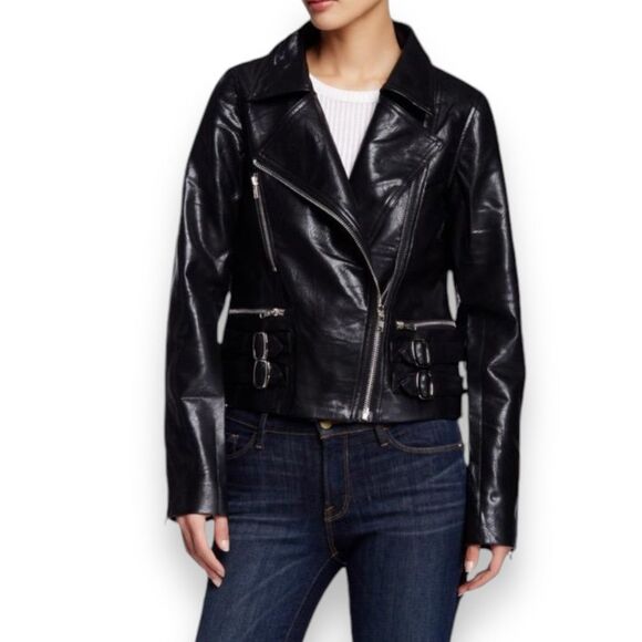 Black Double Buckle Side Straps Multi Zippers Graffiti Back Moto Bikers Jacket - Picture 2 of 5